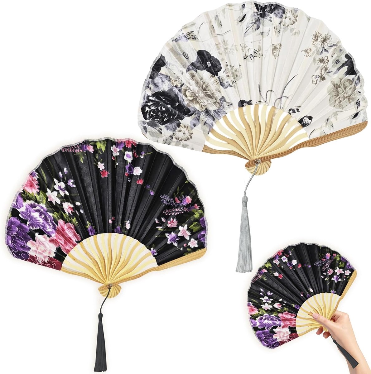 Handwaaier - Spaanse Handwaaier - Verkoeling Waaiers voor Zomerse Themperatuur - Waaier Festival - Chinese Waaier - Festival Waaier - Verkoelend - Handventilator - Tegen Opvliegers - 2 Stuks - zwart en grijs - van Imperatoris
