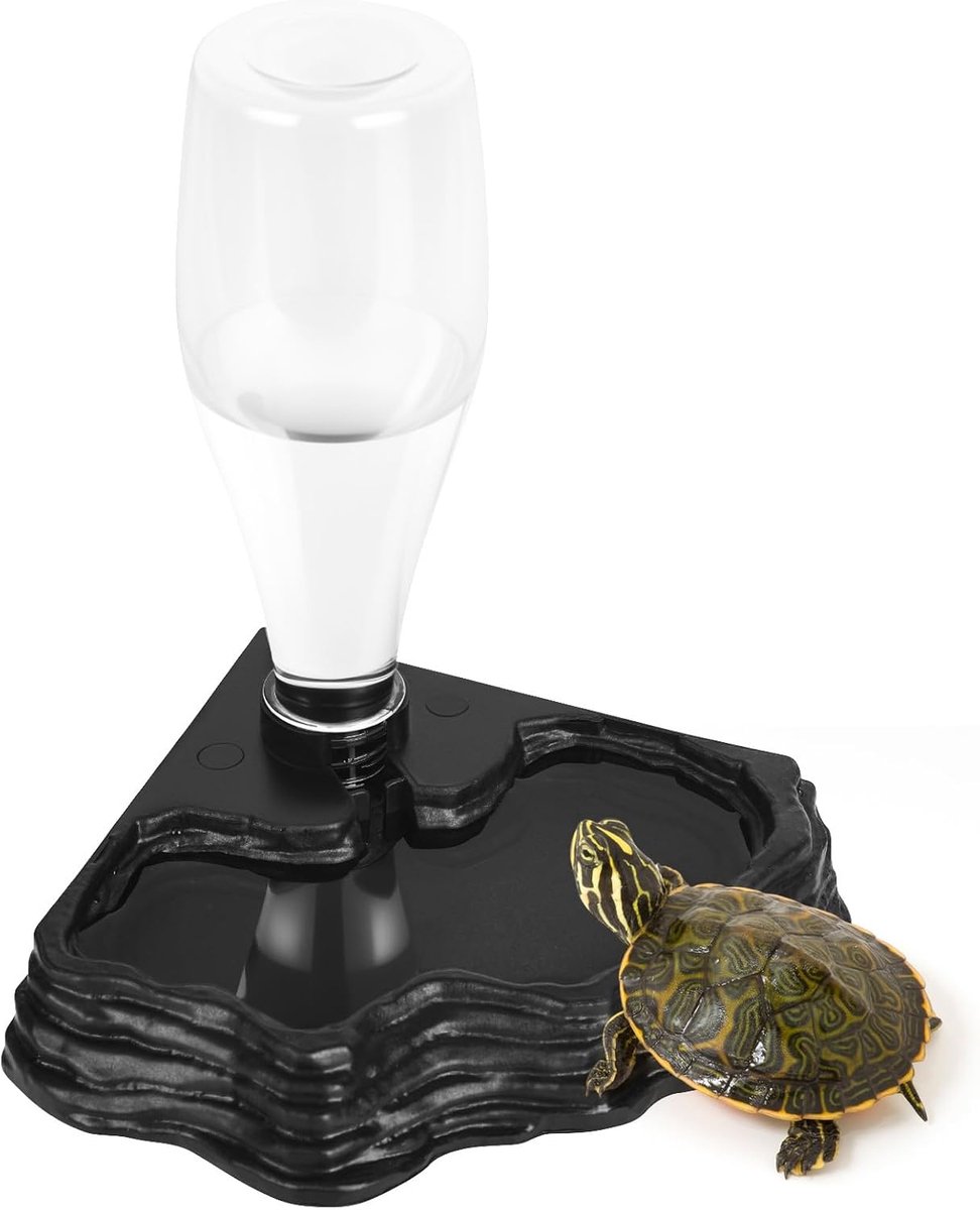 JeiibrZui Reptielen Waterbak Automatisch - 17,5x17,5x17,5 Cm - 400 Ml Capaciteit - Zwart Met Transparante Fles - Voor Schildpadden Hagedissen Geckos
