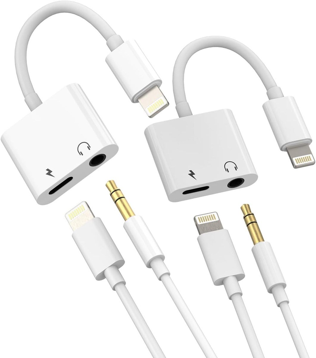 2-in-1 Lightning naar 3.5mm Hoofdtelefoonadapter met Oplaadfunctie - AUX Audio Kabel, Jack Splitter en Converter voor iPad en iPhone, Geschikt voor Hoofdtelefoons