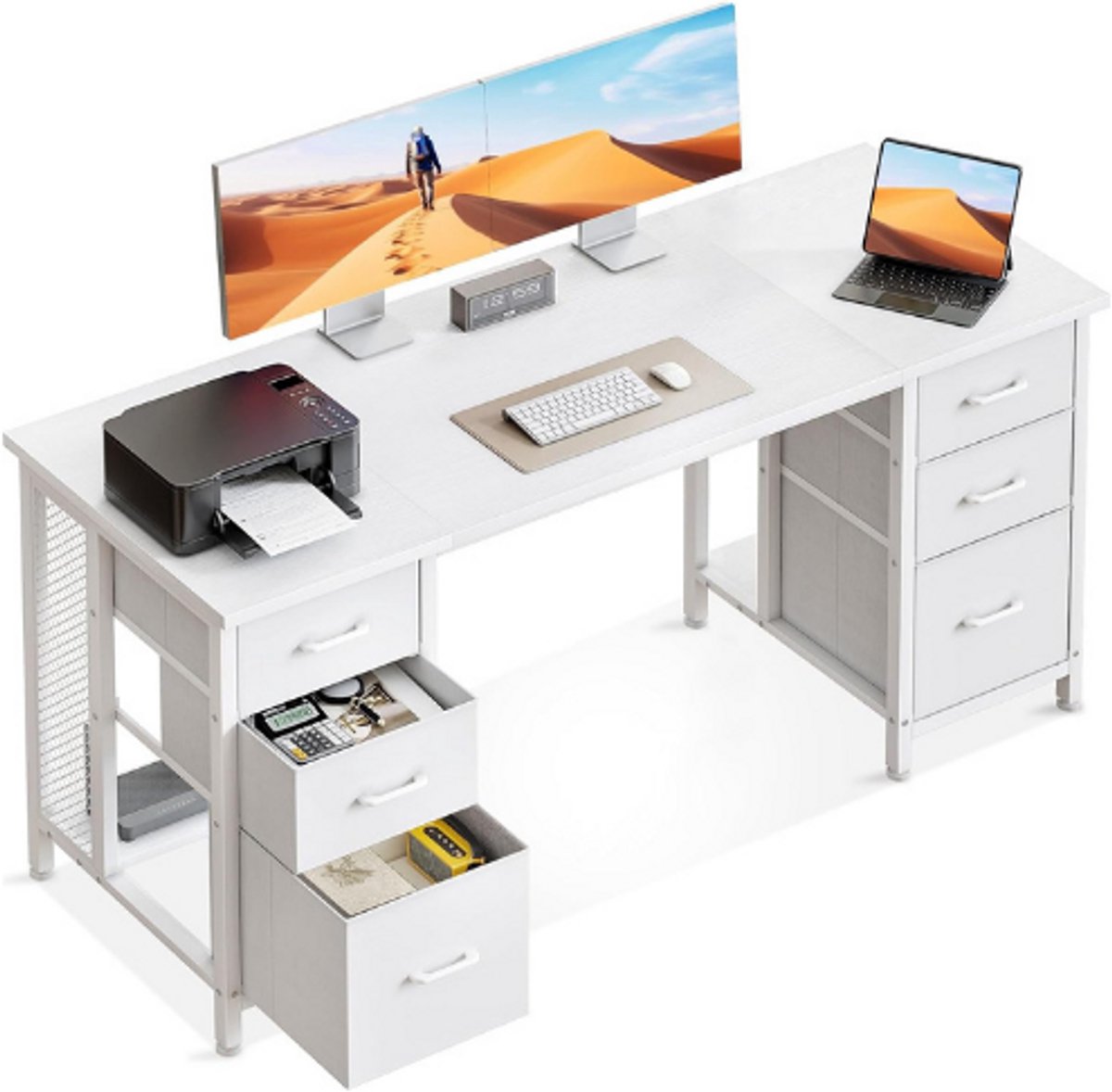 Coleshome Bureau Met 6 Laden - 160 X 52 Cm - Ruim Computerbureau Met Opbergruimte En Planken - Modern Werkbureau Voor Thuiskantoor En Woonkamer - Wit