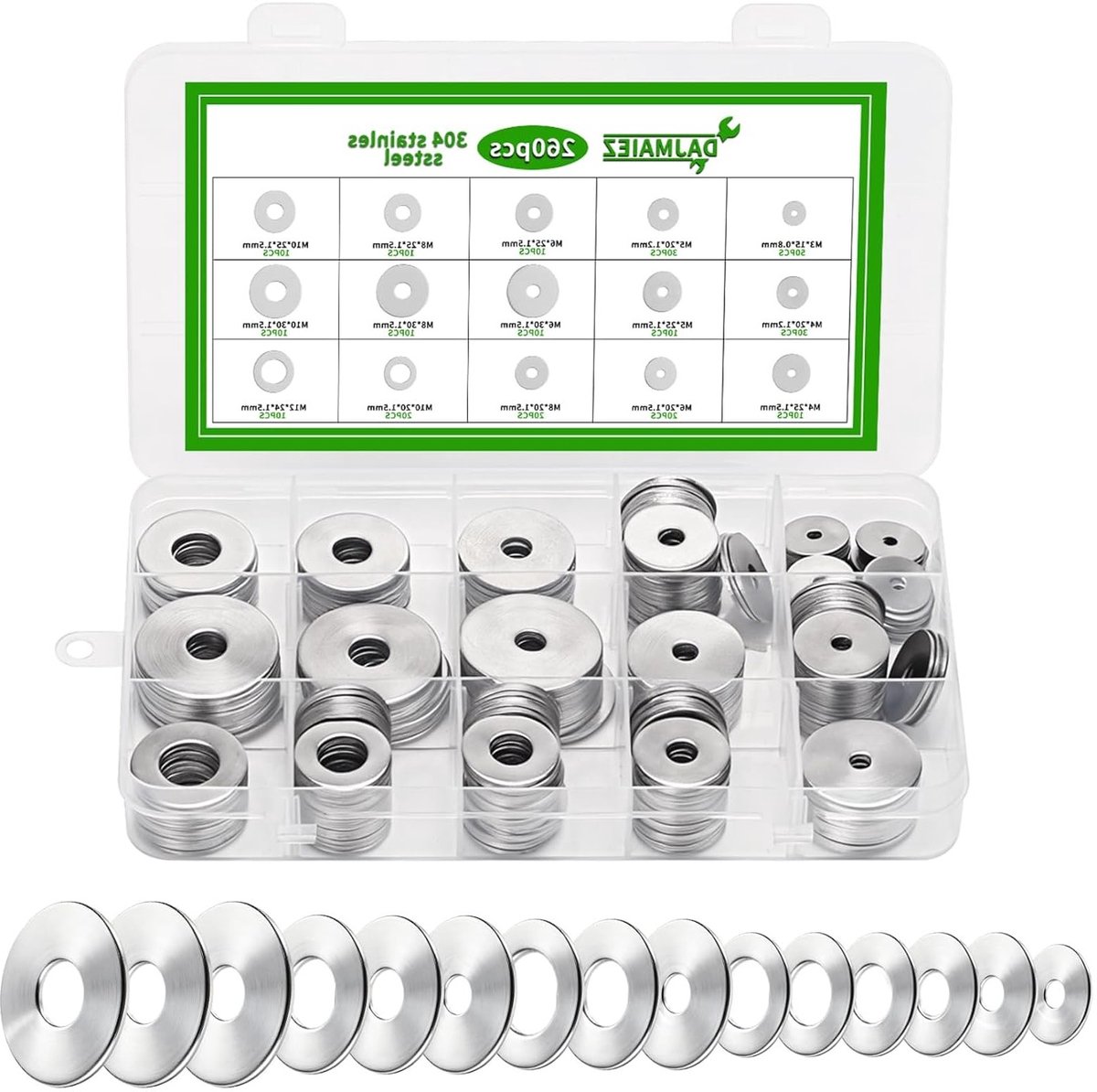 Complete Set van 260 RVS Ringetjes en Platte Washers voor Schroeven en Bouten (M3 M4 M5 M6 M8 M10 M12)