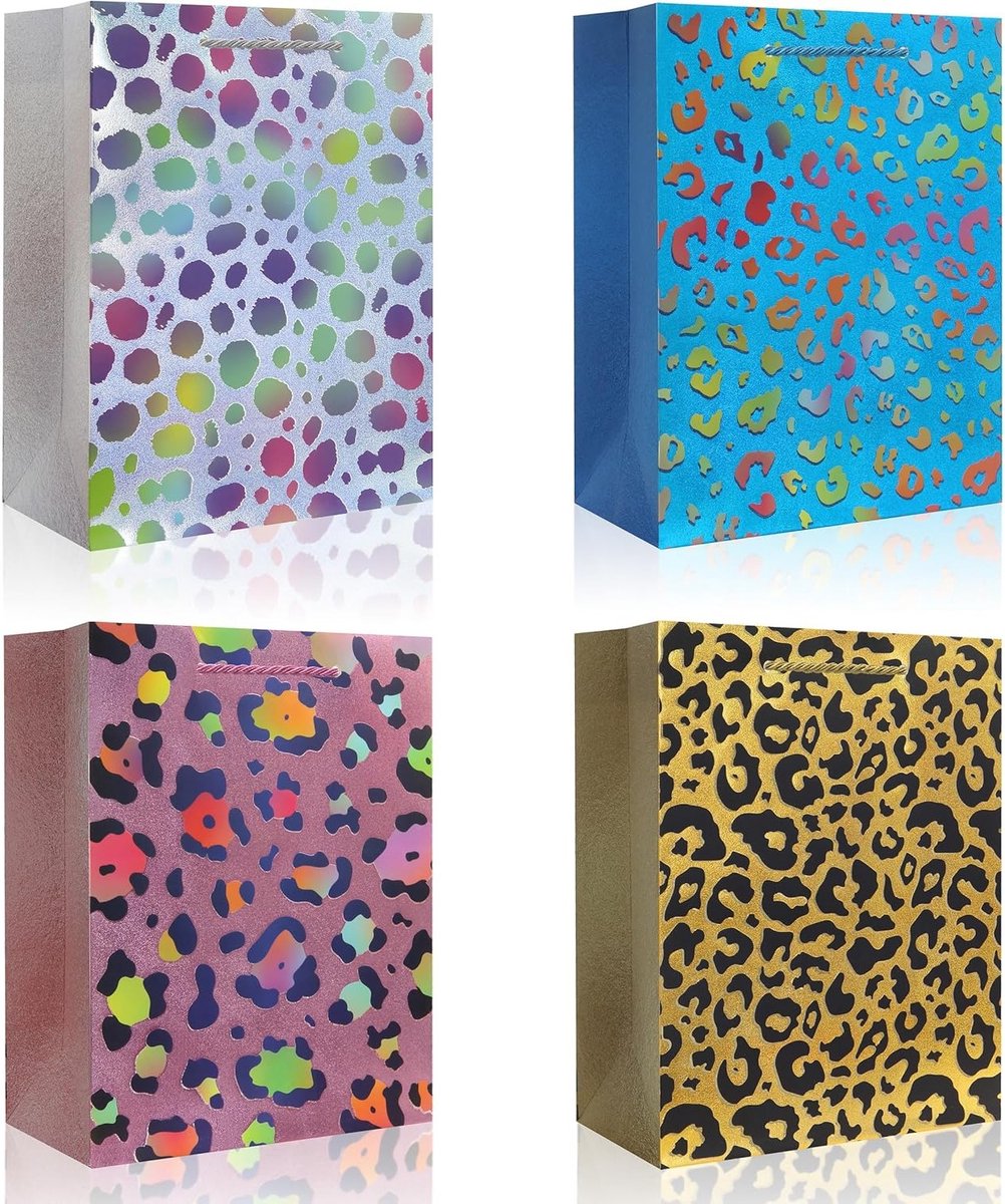 Roze feestzakjes met luipaardprint, kleine kartonnen geschenkzakjes voor verjaardag, bruiloft en feest (12 stuks)