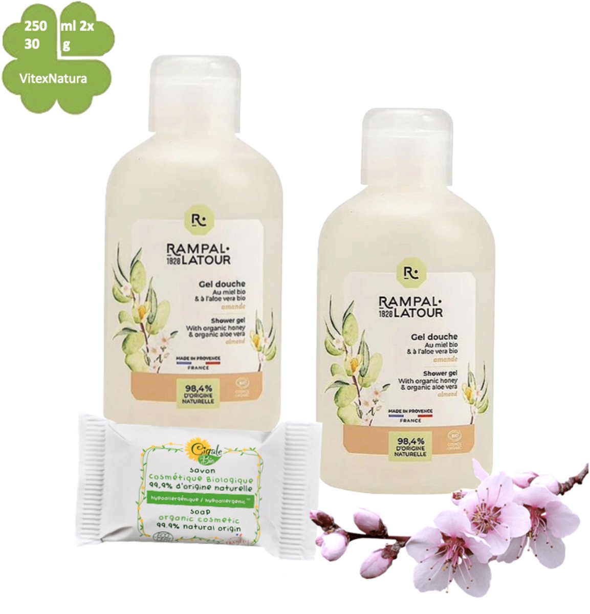 Rampal Latour 2x250ml Biologische Amandel Douchegel met Honing & Aloë Vera | gratis hypoallergeen zeepje