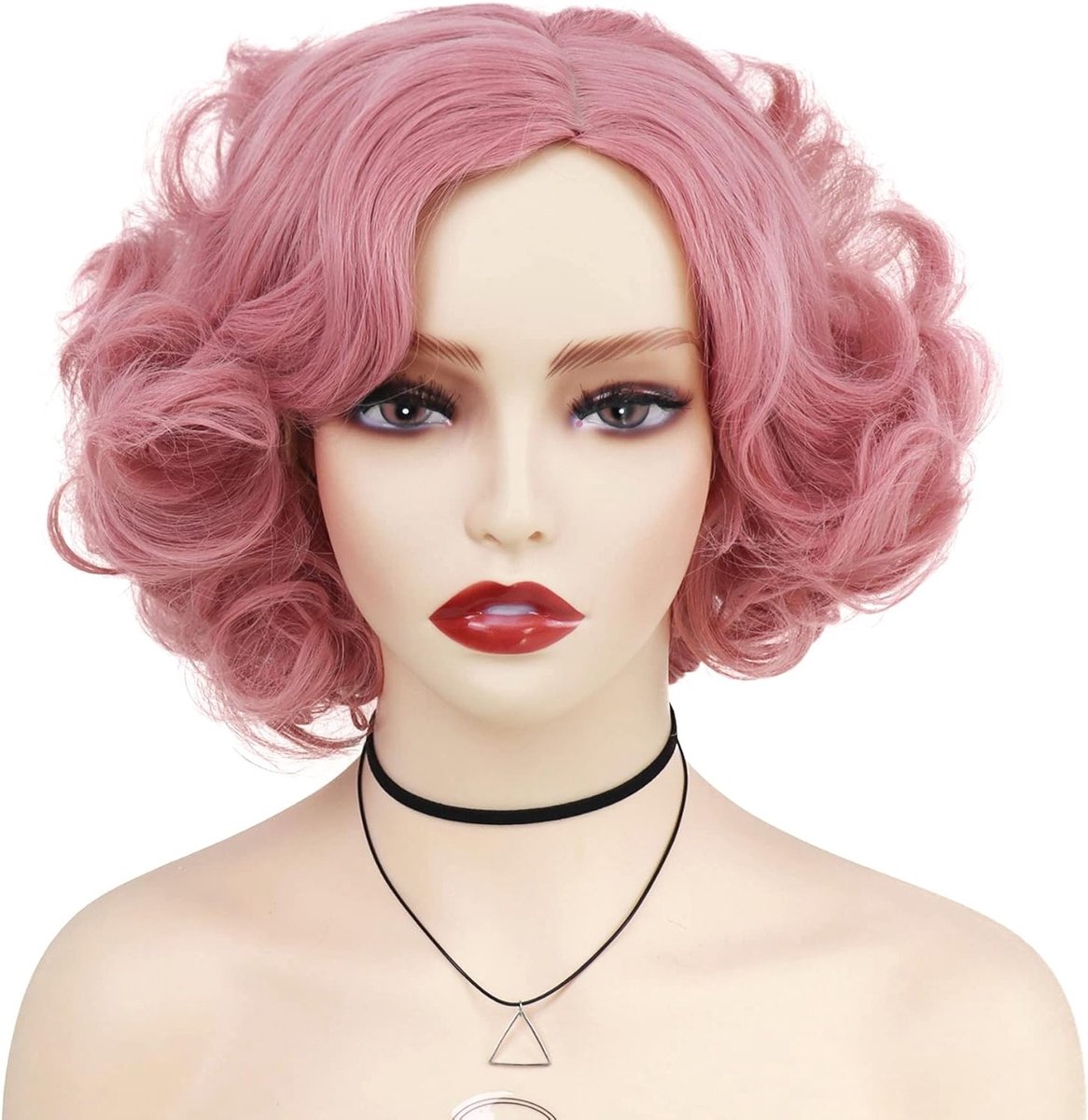 Korte Roze Krullende Pruik voor Vrouwen - Cosplay, Feestkleding en Drag Queen Kostuum met Grote Krullen van Synthetisch Haar