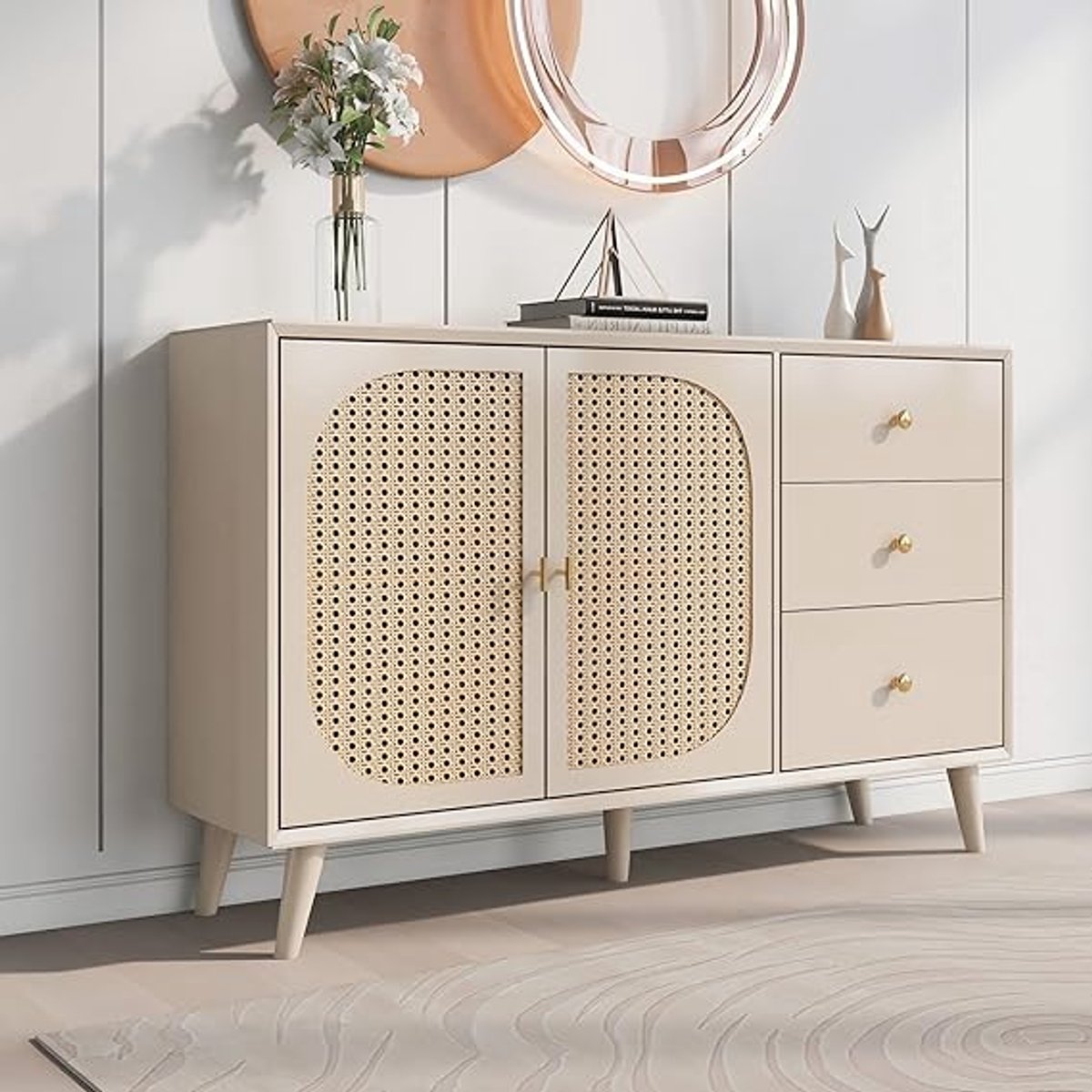 Multifunctioneel Modern Opberg Dressoir Kast met Deuren en Lades 120cm – Sideboard TV Meubel en Staande Opbergkast met Rattan Accenten, Push-to-Open Systeem en Grote Opbergruimte
