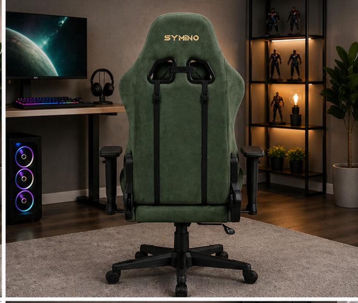 Gaming stoel ergonomisch met voetsteun 59 x 40 x 135 cm – bureaustoel met ademende stof (suède look), verstelbare rugleuning 90°–150°, draaibaar, massage lendenkussen, verstelbare armleuningen, donkerblauw – Vermissen