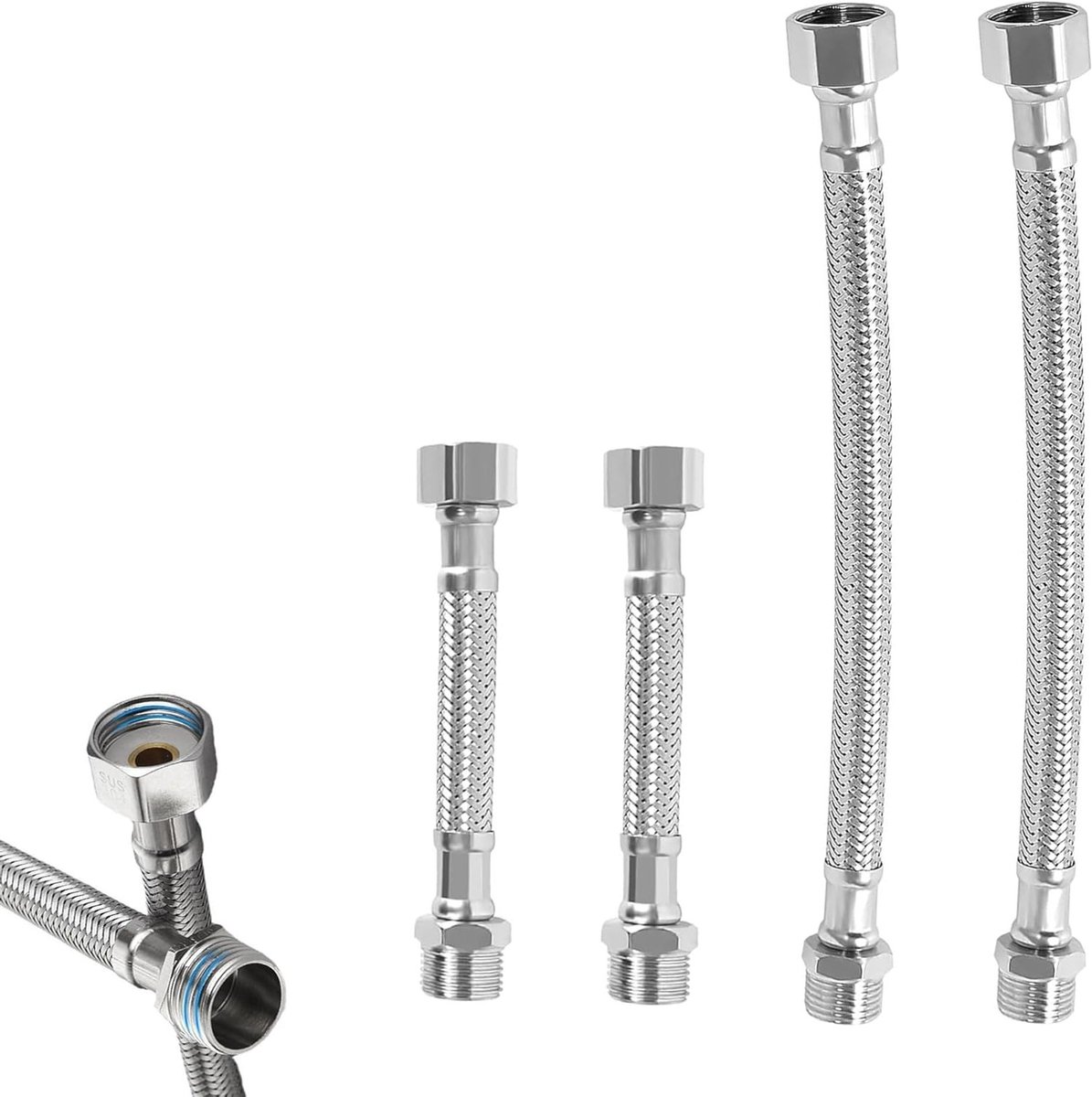 Flexibele 3/8 Inch Slang met RVS Vlechtwerk voor Wateraansluiting in Keuken en Badkamer - 4 Stuks, Verkrijgbaar in 10cm en 20cm