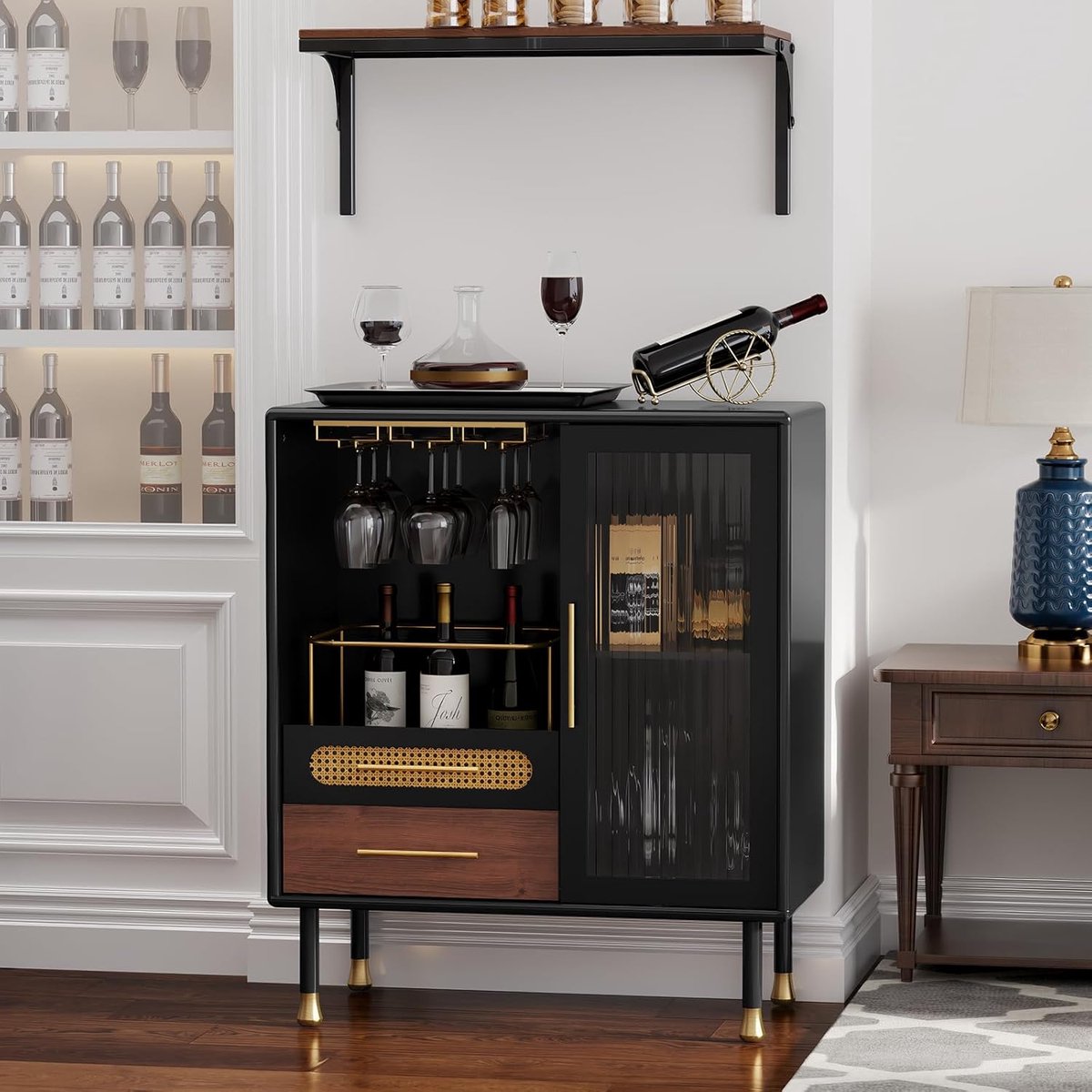 Bordeaux Wijnkast met Glazenrekken en 2 Laden - Barkast 80x38x94 cm - Modern Design met Ribbelglas