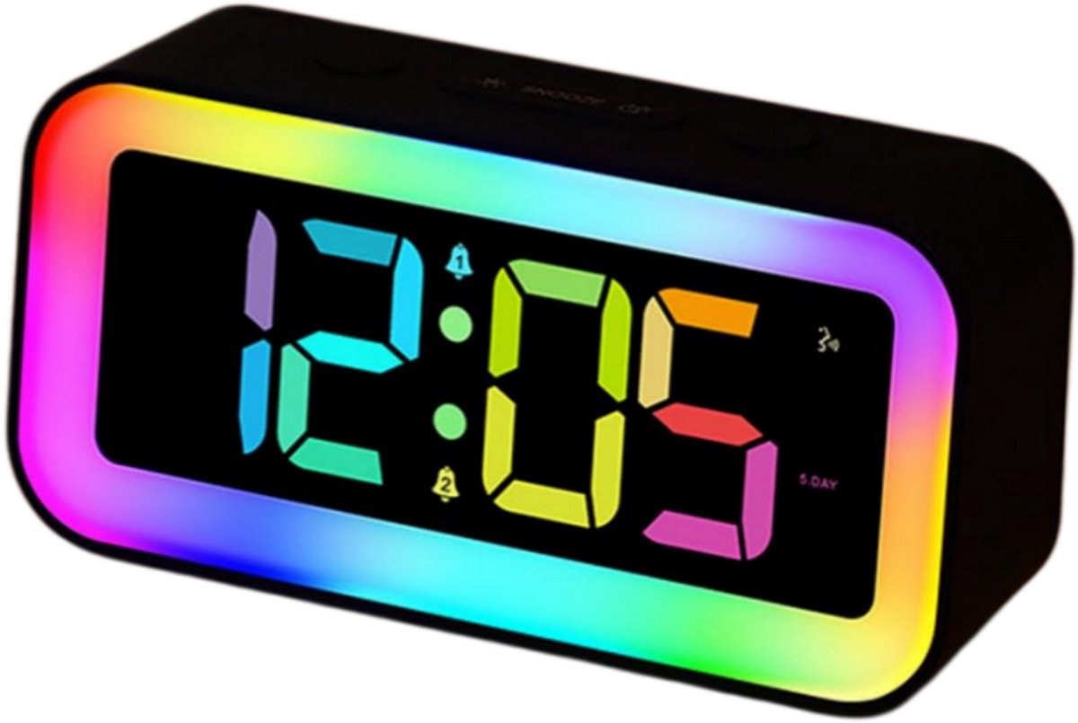longziming -Digitale Wekker met RGB Licht - LED Alarmklok - Sfeerverlichting Wekker - Dubbele Alarmfunctie - Snooze Functie - ABS - Instelbare Helderheid·Slim & Veelzijdig - 1 Stuk - Zwart