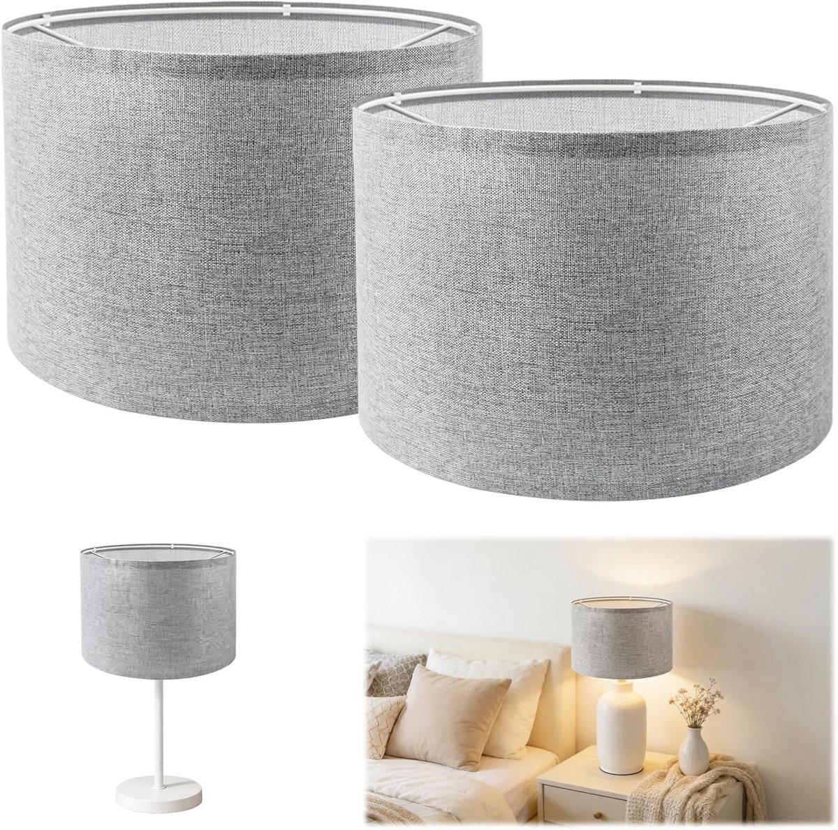 Linnen Lampenkap Set van 2 voor Wandlamp, Bedlamp en Vloerlamp - Cilindrisch, Grijs, 26 x 26 x 19 cm, Geschikt voor Diverse Verlichting