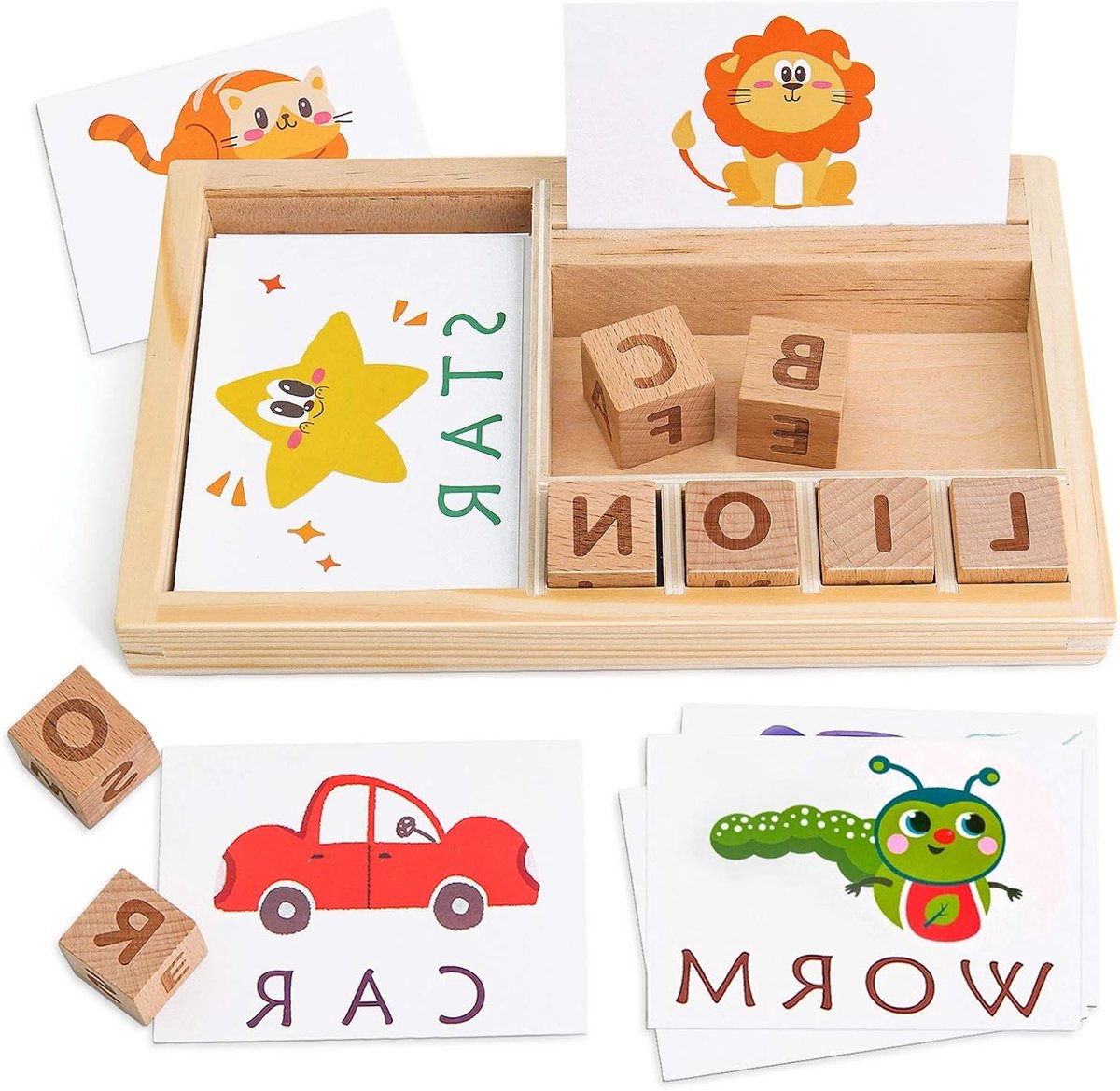 Houten Letters Spel met Woorden Flashcards, Educatieve Montessori Puzzel voor Peuters en Kleuters van 3 tot 5 Jaar, ABC Leerzaam Speelgoed voor Jongens en Meisjes
