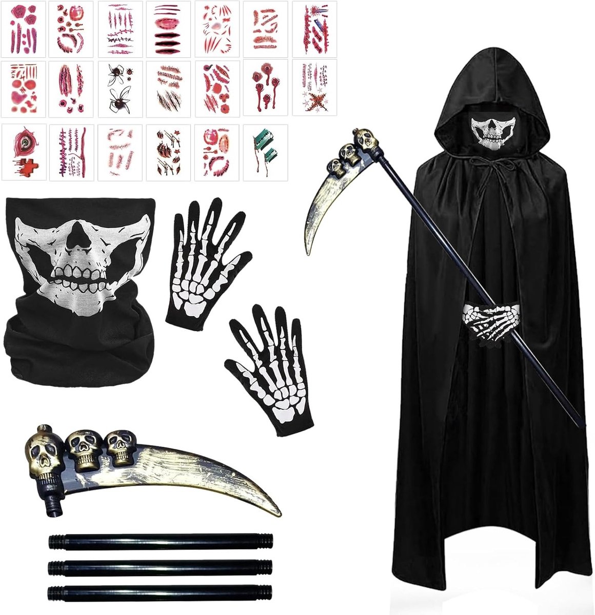Sensenmann Kostuum voor Halloween met Schedelmasker, Beschermende Handschoenen en Decoratieve Stickers voor Cosplay en Feestjes