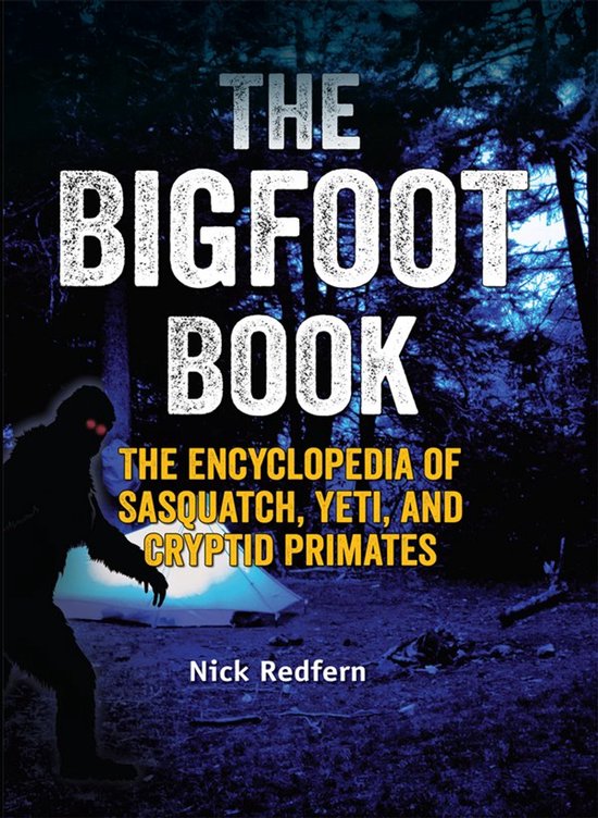 Boekomslag: The Bigfoot Book, met silhouet van een Bigfoot bij een verlichte tent in een donker bos.