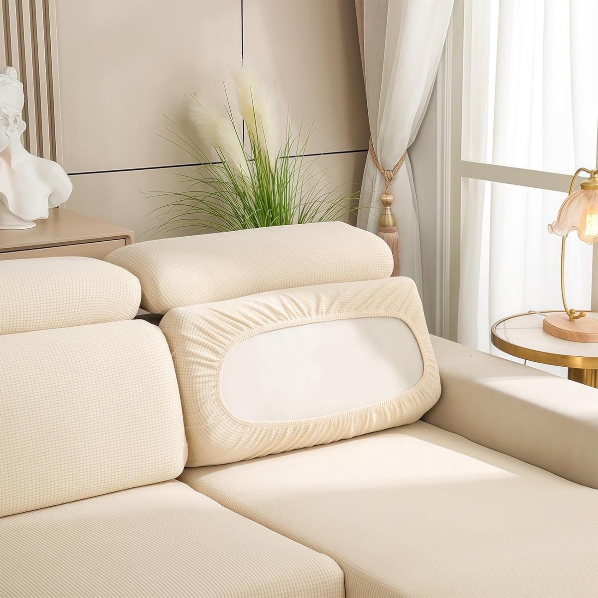 Verstelbare Hoezen voor Caravanstoelen en Sofakussens met 2 Straps - Bescherming voor Meubels, Geschikt voor Diverse Afmetingen (Beige, W 160-200cm, D 60-90cm)