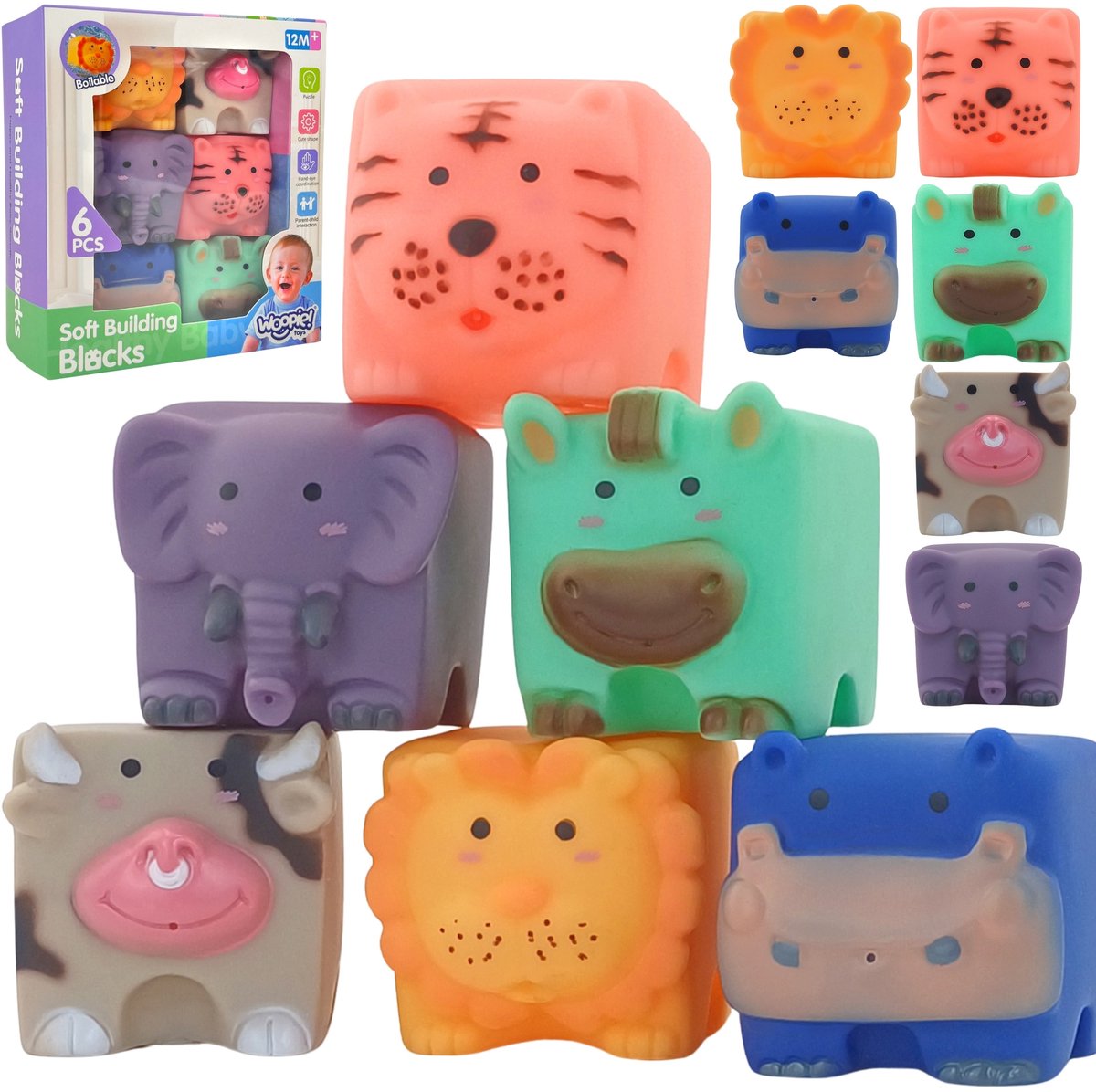 Woopie Baby Sensorische Blokken Dieren Knijppuzzel + Geluid 6 St. - UNI