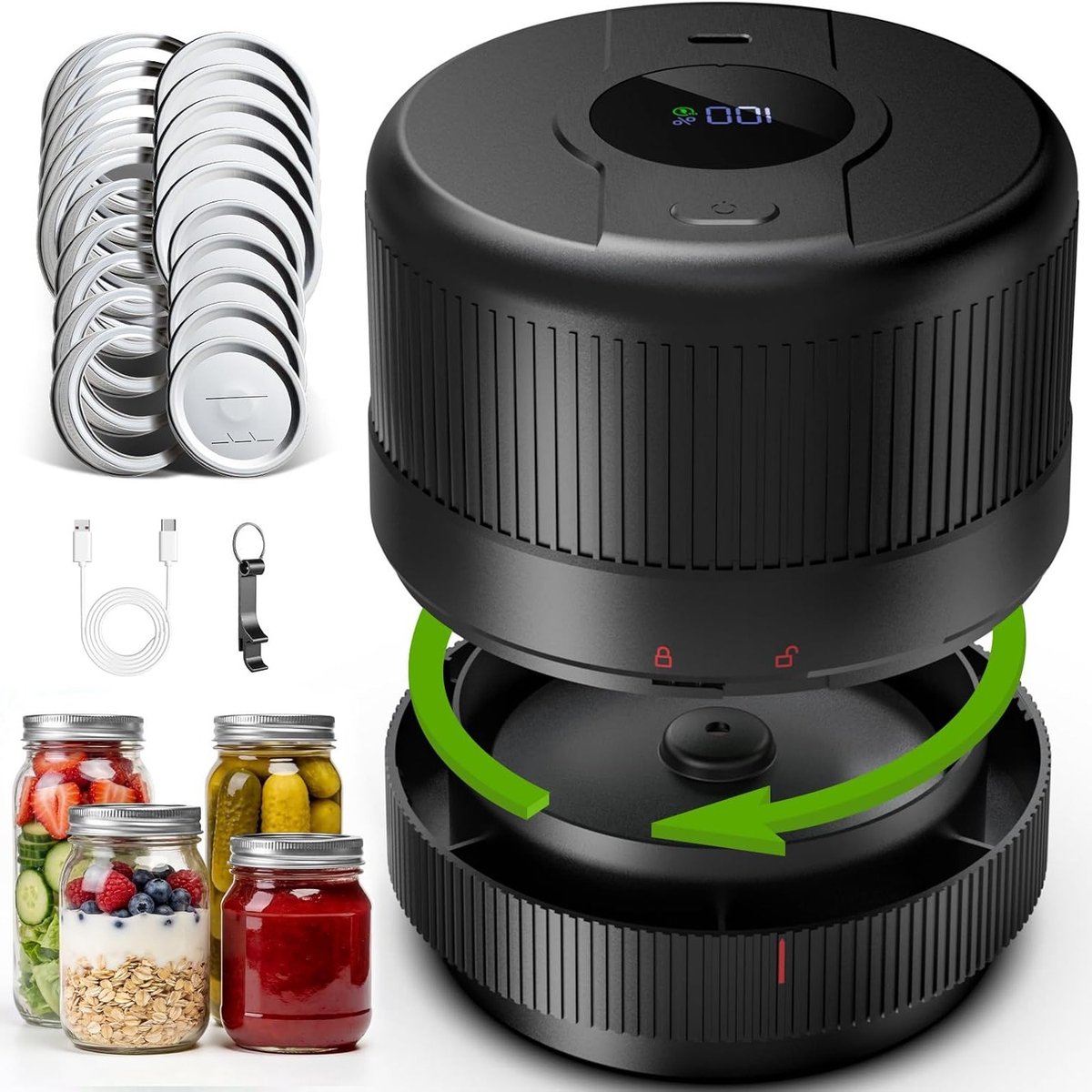 Draadloze stofzuiger set voor glazen potten, ideaal voor voedselbewaring, vacuümverpakking en keukenaccessoires, perfect als cadeau voor moeder en oma, zwart
