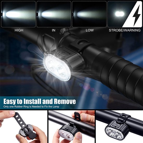 Oneay USB oplaadbare fietsverlichtingsset, ultraheldere LED-achterlichten voor en achter, fietsverlichting voor nachtritten, schakelbare groot-/dimlichtfunctie, waterdicht. — afbeelding 5