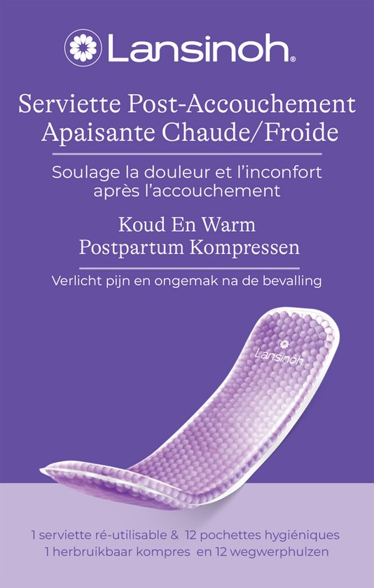 Paarse postpartum gelpad, gebogen, met verpakking met tekst 'Aisante Chaude/Froide'.