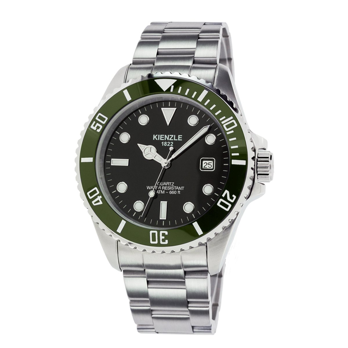 KIENZLE Horloge - Taucher - Quarz KG410C - Waterdicht tot 20 ATM - Wijzerplaat Mat Zwart - Lunette Olijfgroen