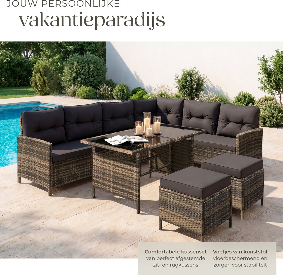 tectake® Loungeset Barletta - 6 tot 8 Personen - Modulaire Tuinset met Loungebank, Kruk en Tuintafel - Tuinmeubels - Balkonmeubel - 5-delige Zitgroep - Inclusief Kussens - Ideaal voor Tuin, Terras en Balkon - Natuurkleur met Donkergrijze Kussens thumbnail 4