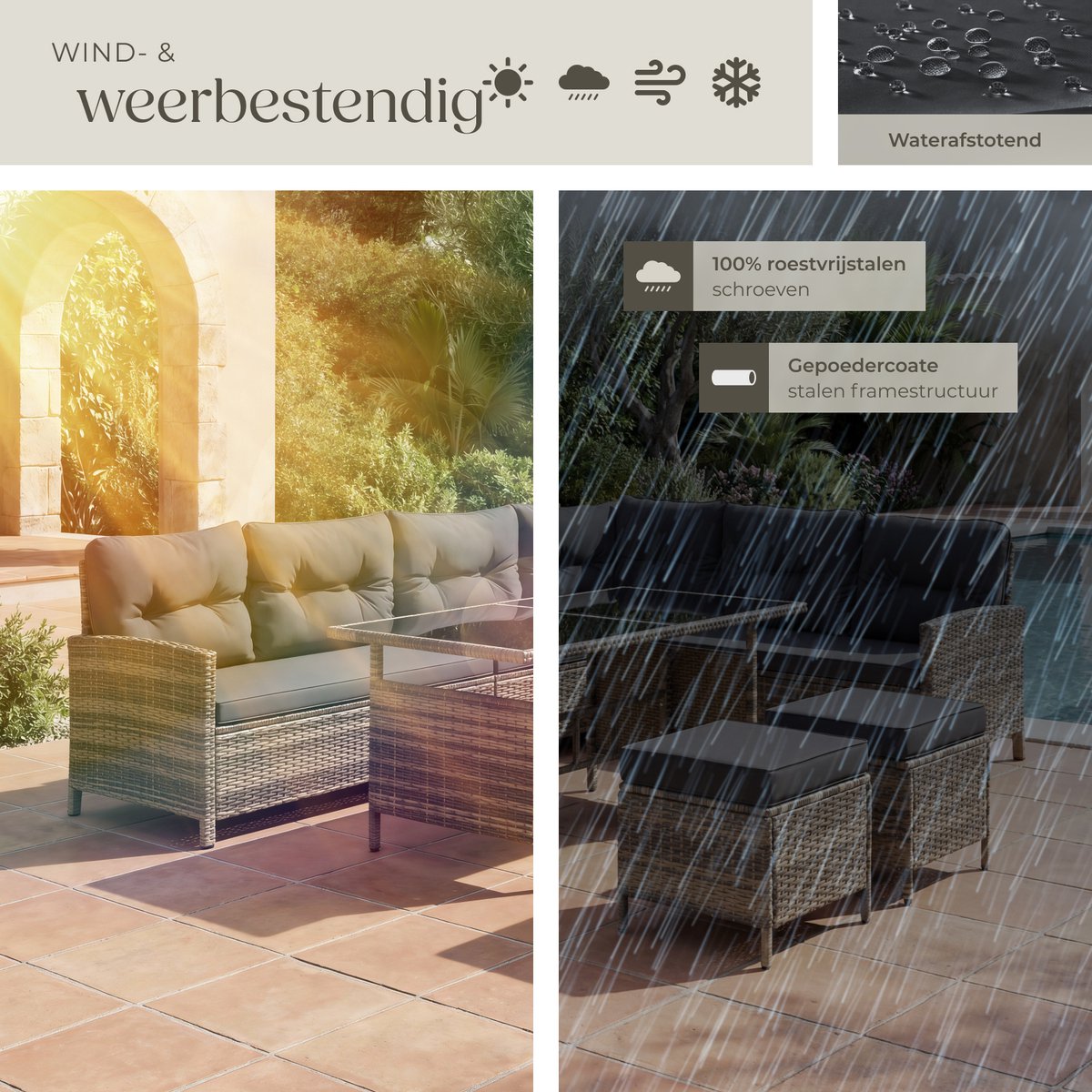 tectake® Loungeset Barletta - 6 tot 8 Personen - Modulaire Tuinset met Loungebank, Kruk en Tuintafel - Tuinmeubels - Balkonmeubel - 5-delige Zitgroep - Inclusief Kussens - Ideaal voor Tuin, Terras en Balkon - Natuurkleur met Donkergrijze Kussens thumbnail 6