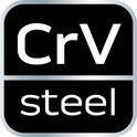 Logo 'CrV steel' in witte letters op een zwarte achtergrond.