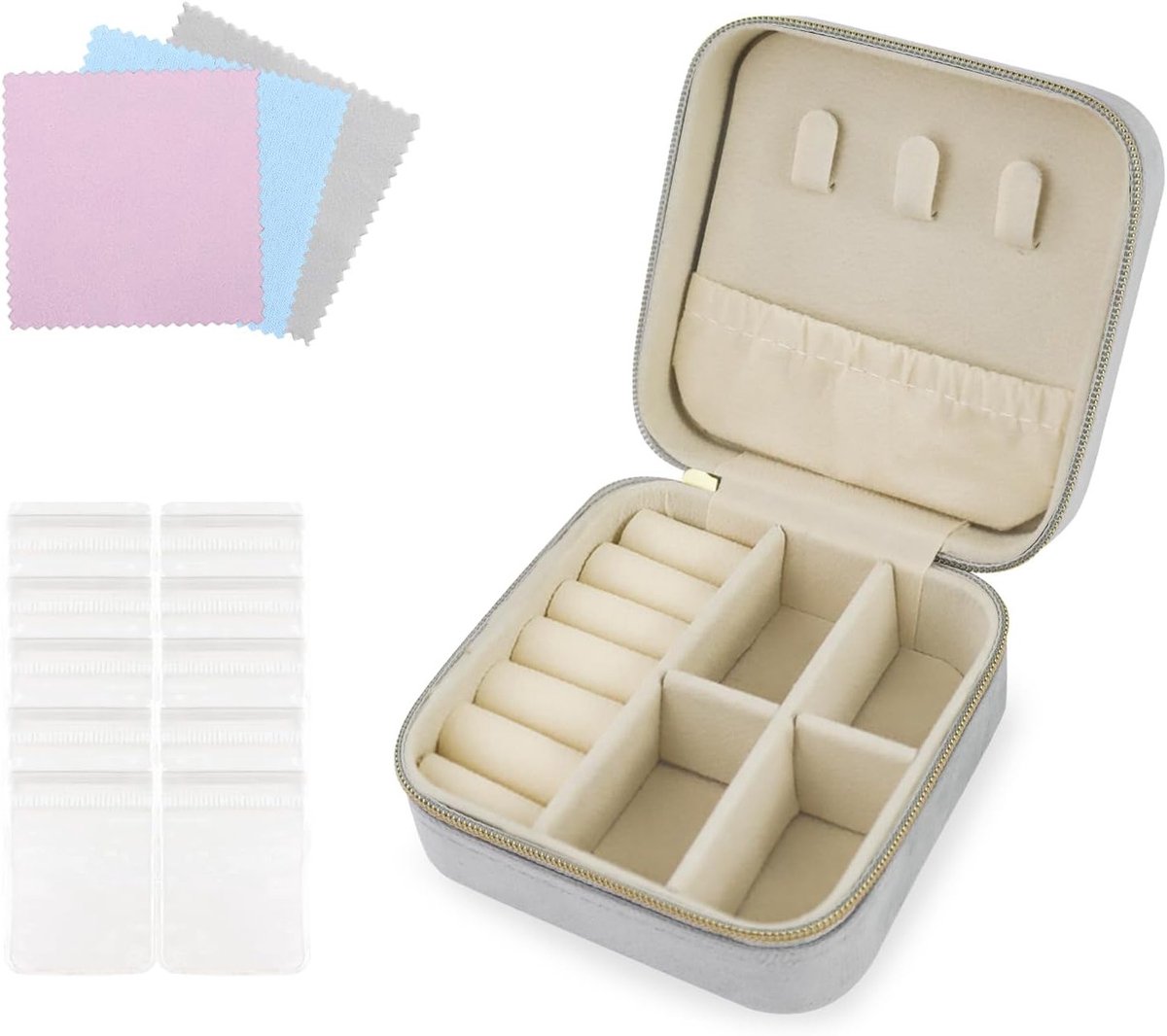 Draagbare Sieradenbox van Velvet, Compact Reisdoos voor Ringen, Oorbellen en Kettingen in Grijs