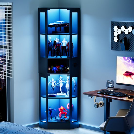 Pugsdrly - Vitrinekast - 5 planken - LEDverlichting - Glazen deuren - Slimme sensoren - Zwart