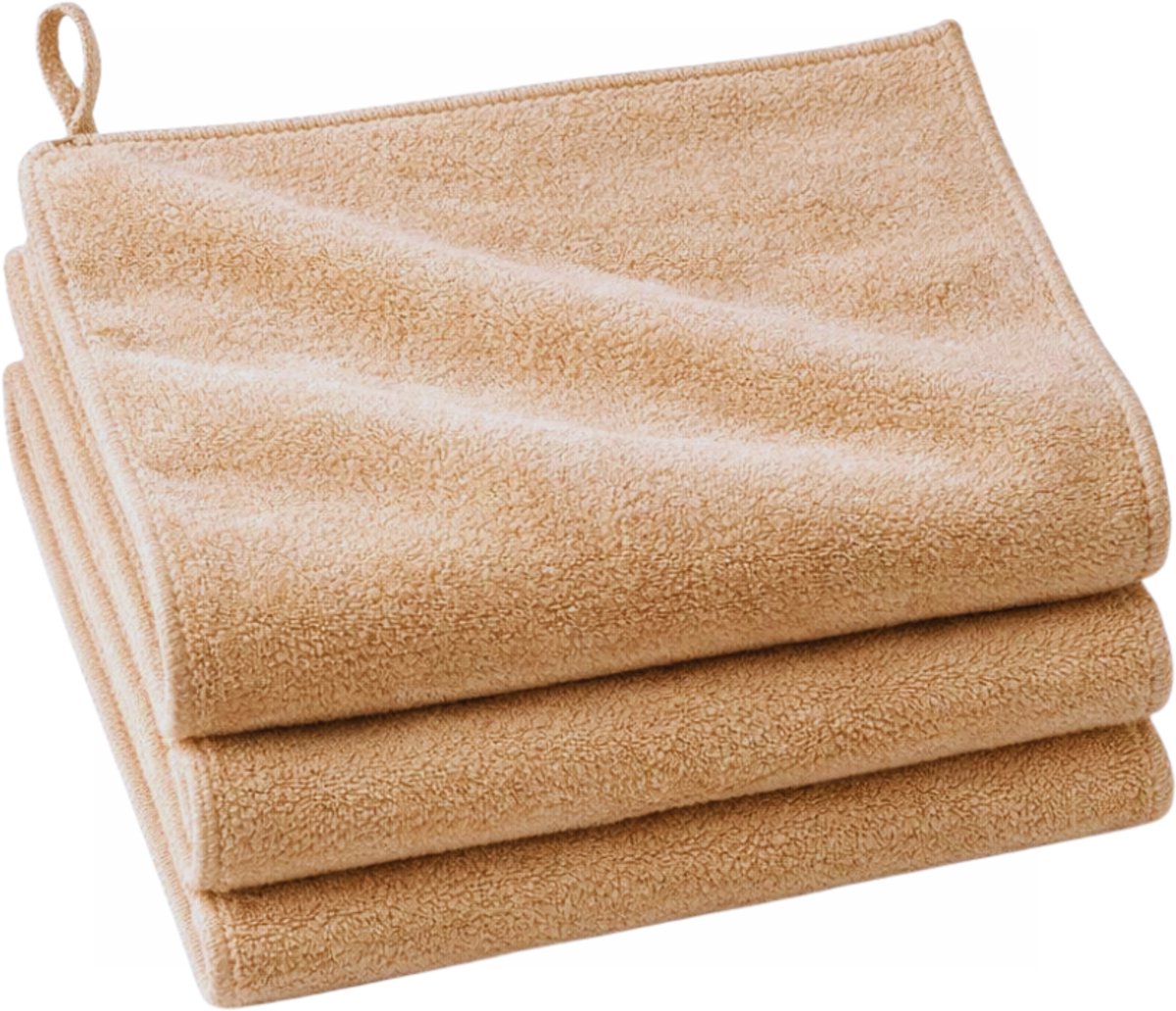 ETSELLS Luxe Microvezeldoeken Beige – Set van 3 – 40x40 cm – 400 GSM – Extra Dik – Krasvrij & Pluisvrij – Keuken & Badkamer – Met Ophanglus