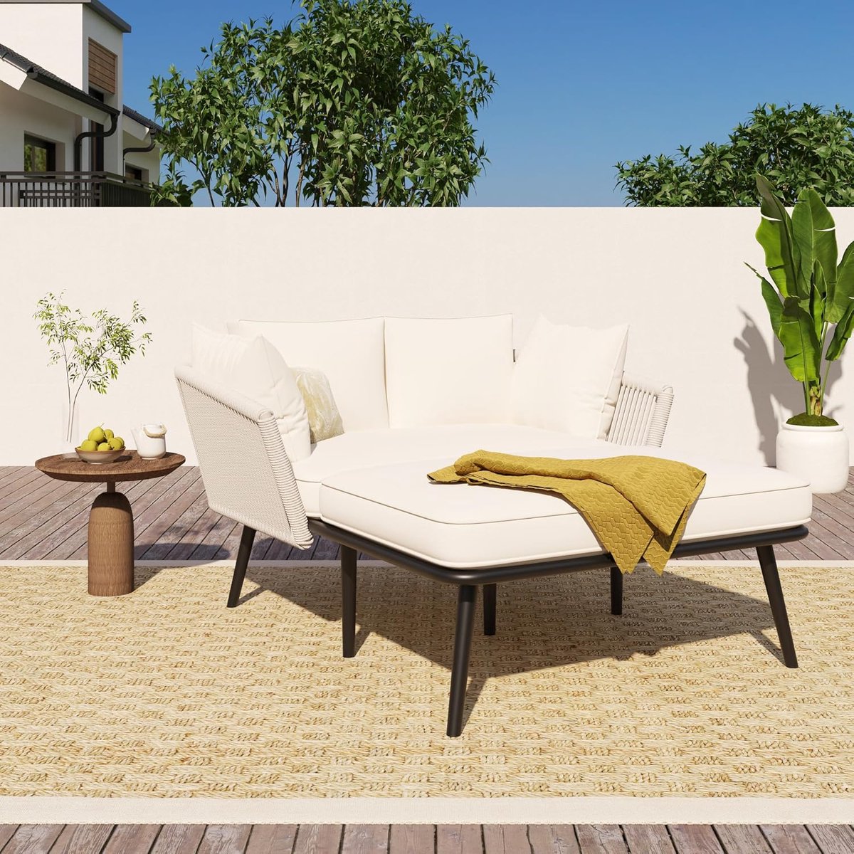 Luxe 2-Persoons Outdoor Sun Bed Lounge Eiland met Kussens en Handgevlochten Rattan Details 130x120x67 cm Weerbestendig Tuinligbed Patio Sofa Beige