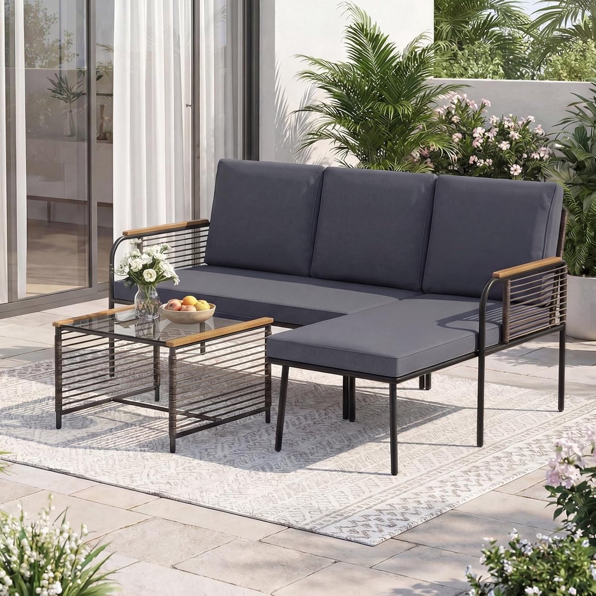 tuinmeubelset 3-delig L-vorm 166 x 118 x 78 cm – Polyrotan Loungeset met Tafel en Kussens – Weerbestendige Balkon & Terras Meubels met Glazen Blad – Grijs – Urbanhome