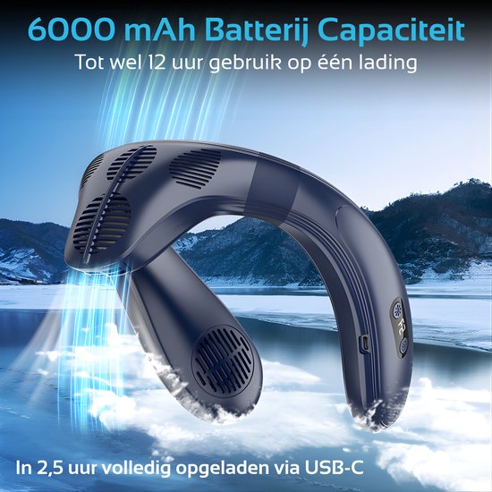 Donkerblauwe nekventilator in een ijzige landschap, met blauwe lichtstralen die verkoeling aanduiden. 6000 mAh batterij.