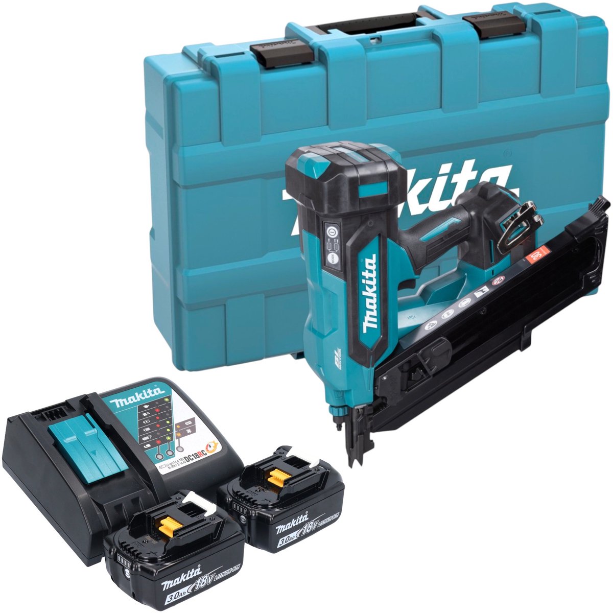 Makita DBN 900 RFK accu-spijkermachine 18 V 50 - 90 mm borstelloos + 2x accu 3,0 Ah + oplader + koffer