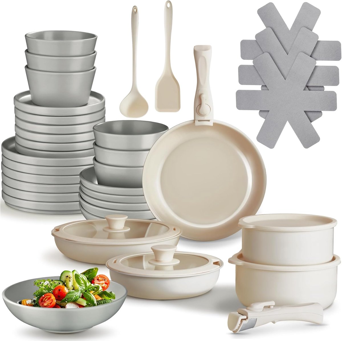 Pannenset Servies - Kookgerei Set - Keuken Gebruik - 46 Delig - 6 Persoons - Grijs Wit