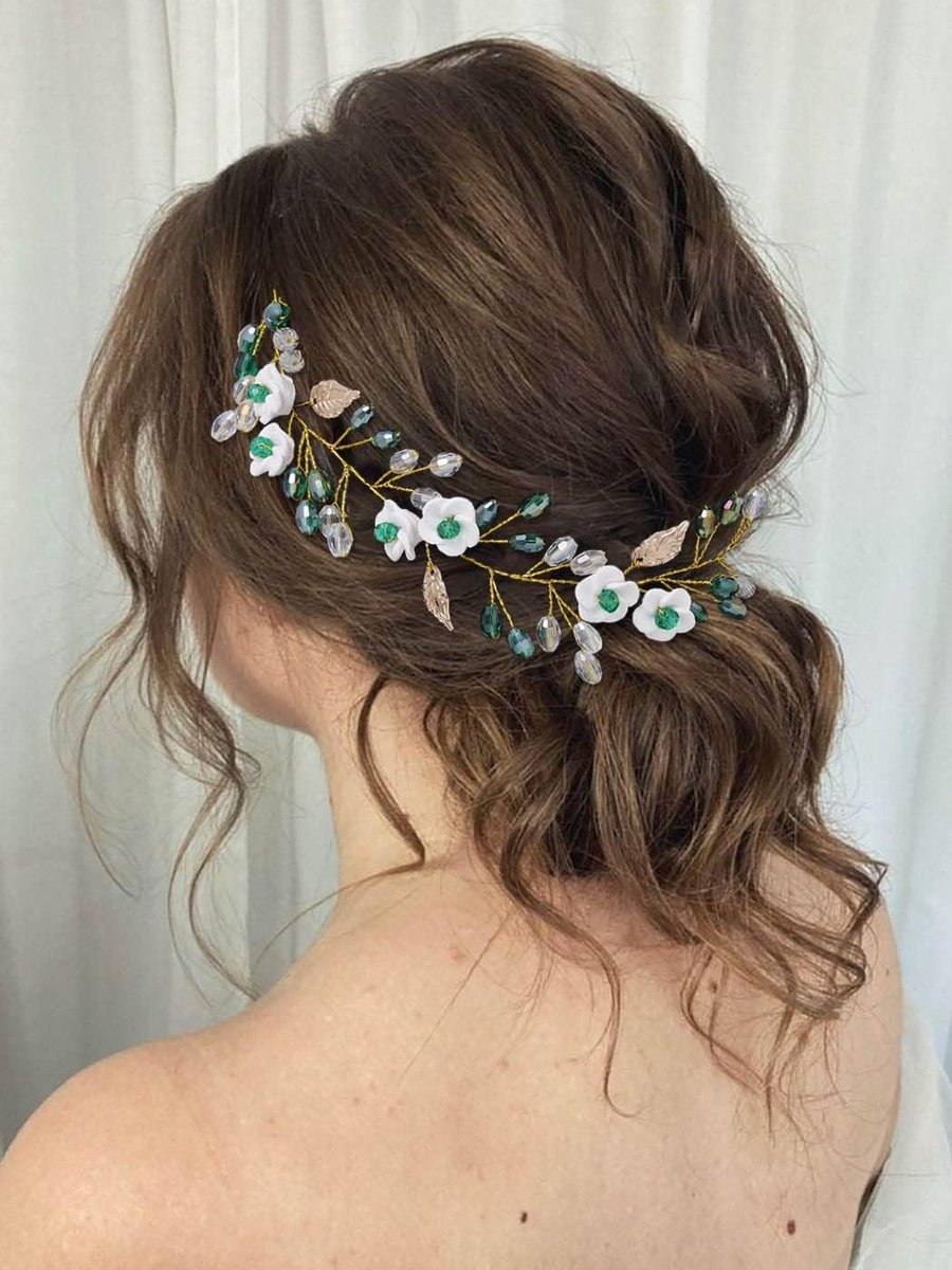 Bruiloft Haar Wijnstok - Bruid Hoofdband Bloem - Bruiloft Accessoire - Kristallen Blad Ontwerp - 30 x 4 cm - Groen