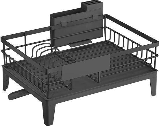 Egouttoir noir avec un porte-couverts et un égouttoir rotatif, vu sous tous les angles.