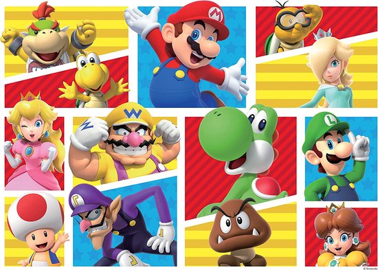 Collage van Super Mario personages: Mario, Luigi, Yoshi, Peach, Rosalina, Toad, Wario, Waluigi, Bowser, Goomba en Koopa.