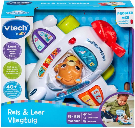 Verpakking van een VTech Reis & Leer Vliegtuig met een bruine beer, knoppen en informatie.