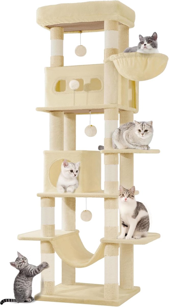 Krabpaal Groot - Kattentoren - Katten Klimmen - Bestand tegen kantelen - 170 cm Hoog - Beige