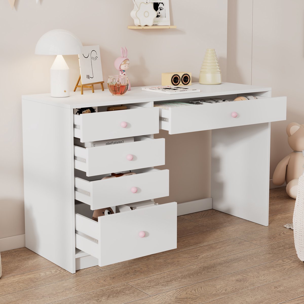 HAUSS SPOLE Kaptafel Bureau - 5 Laden En Opbergsysteem - Voor Kinderkamer Slaapkamer En Kantoor - MDF - 120x45x74 Cm - Wit