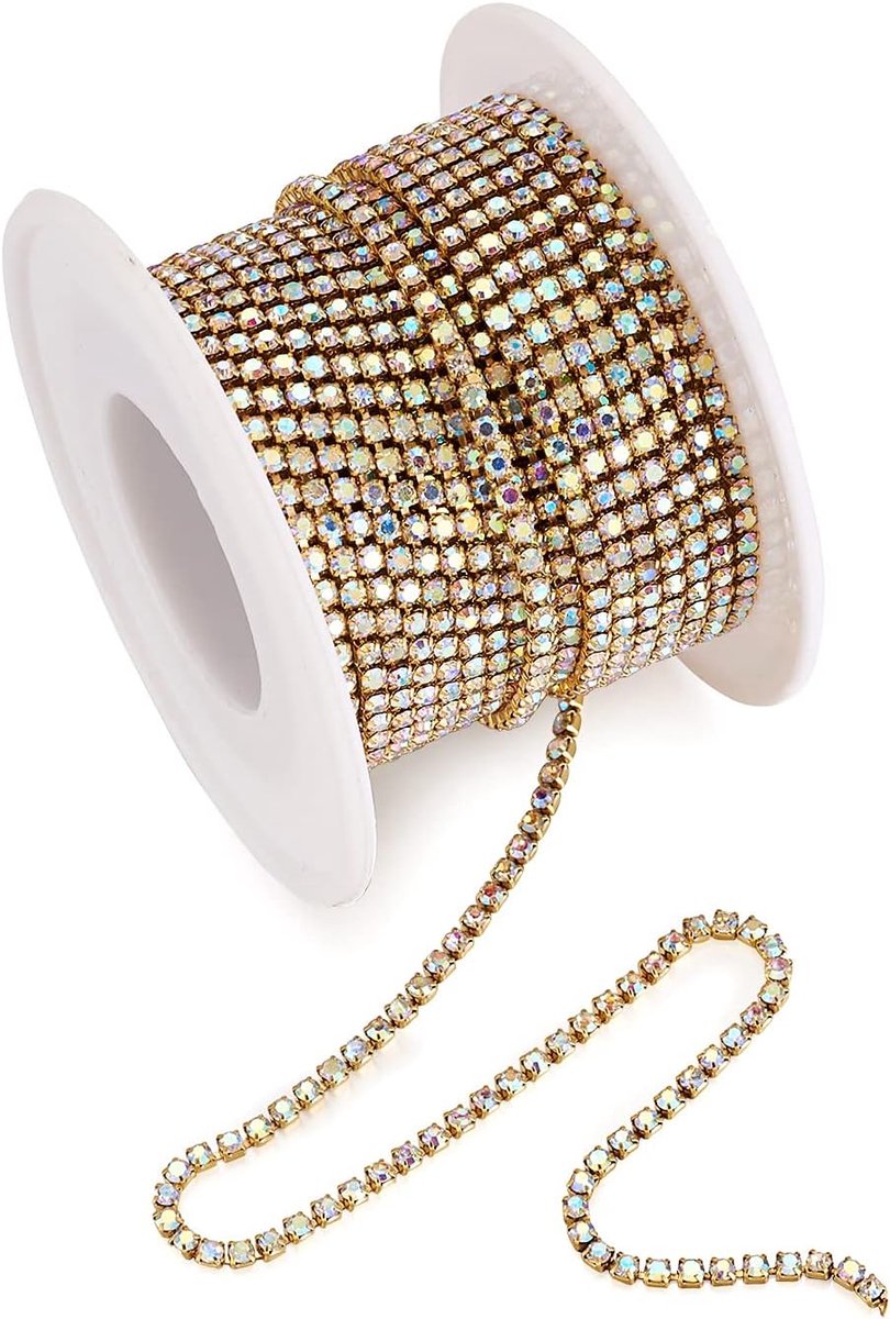 1 rol van 10 meter x 2 mm kristallen strass steentjes, klauwketting met diamanten strass steentjes voor Naaien doe-het-zelf decoratie, rol kristallen strass steentjes cupketting (AB-kleur strasssteentje met gouden basis)| Cyslmuk®