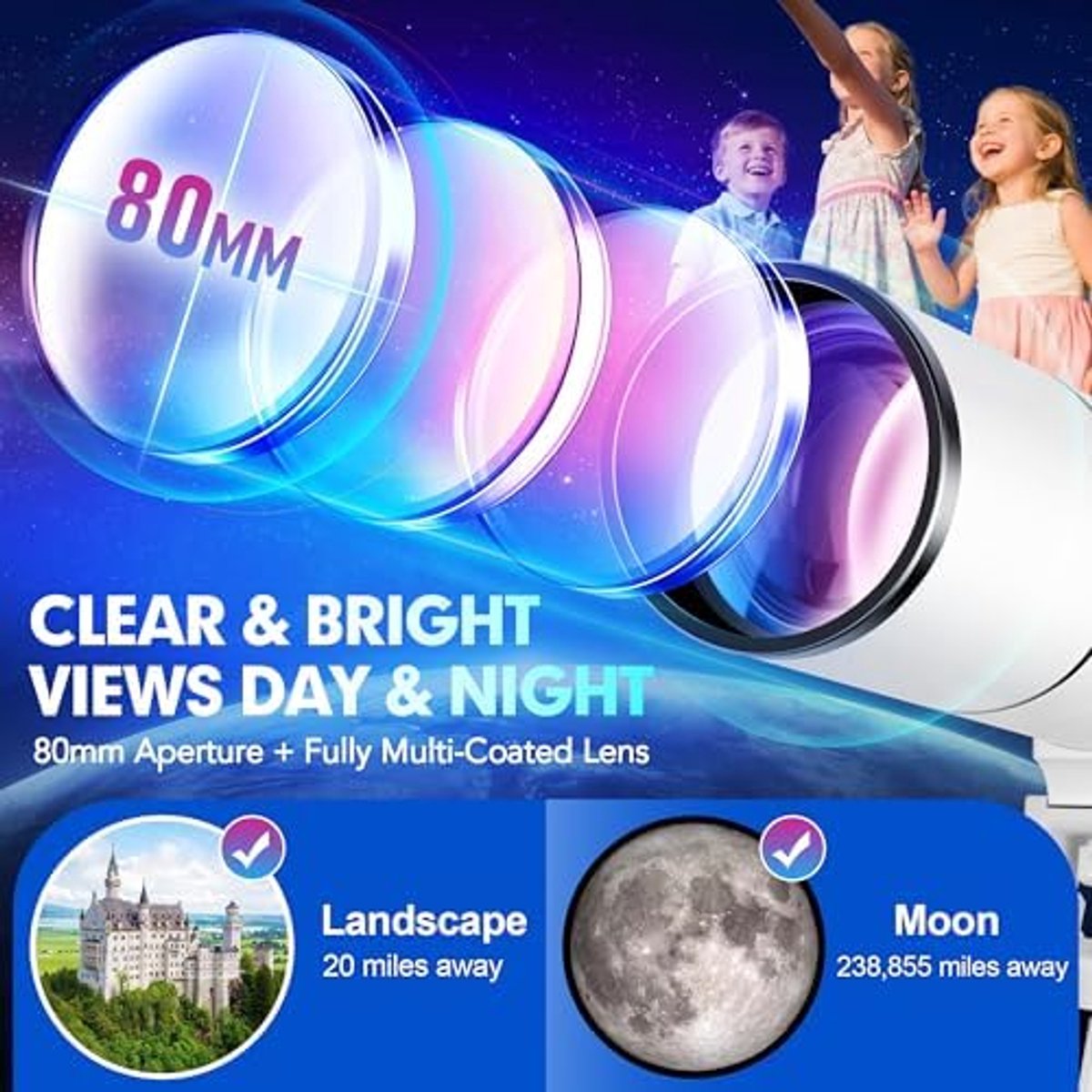 Refractor Telescoop - Sterrenkijker Beginners - Astronomie Ontdekken - 80mm Objectiefdiameter - 500mm Brandpuntsafstand