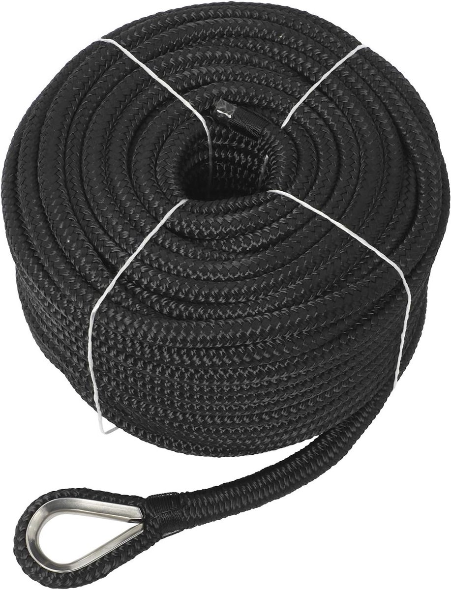 Dubbele Vlecht Lijn - Nylon Touw - Watersport Gebruik - Roestvrij Staal Vingerhoed - 150 voet lang - Zwart