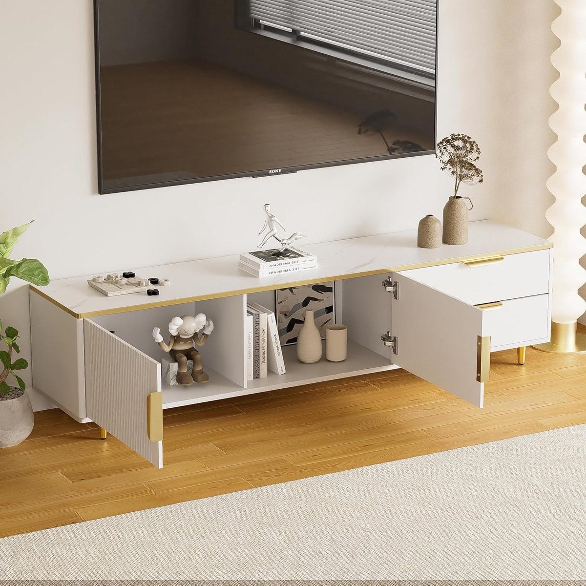TV-kast - Mediabureau Dressoir - Woonkamer Meubel - Gesneden Textuur - 175x40x45cm - Wit Goud