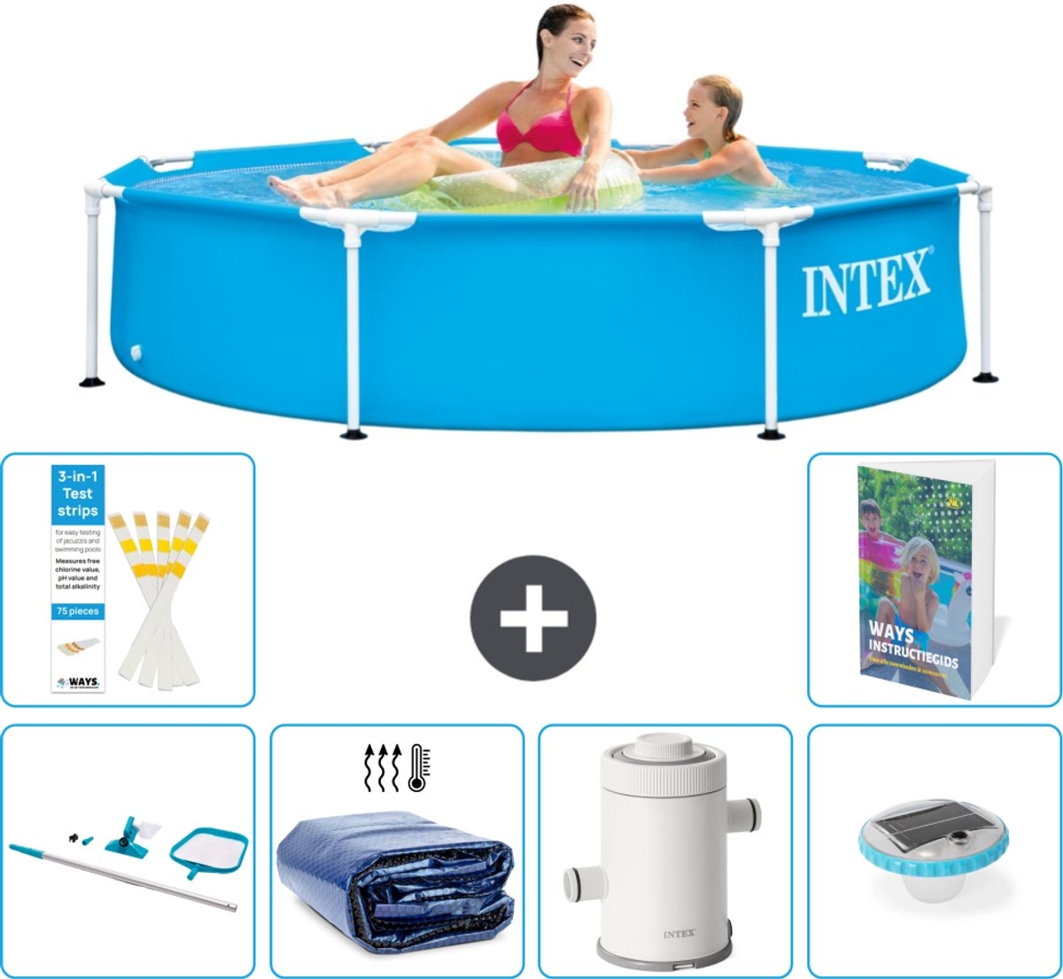 Intex Rond Frame Zwembad - 244 x 51 cm - Blauw - Inclusief Schoonmaakset - Solarzeil - Zwembadfilterpomp - Verlichting - 7-delig