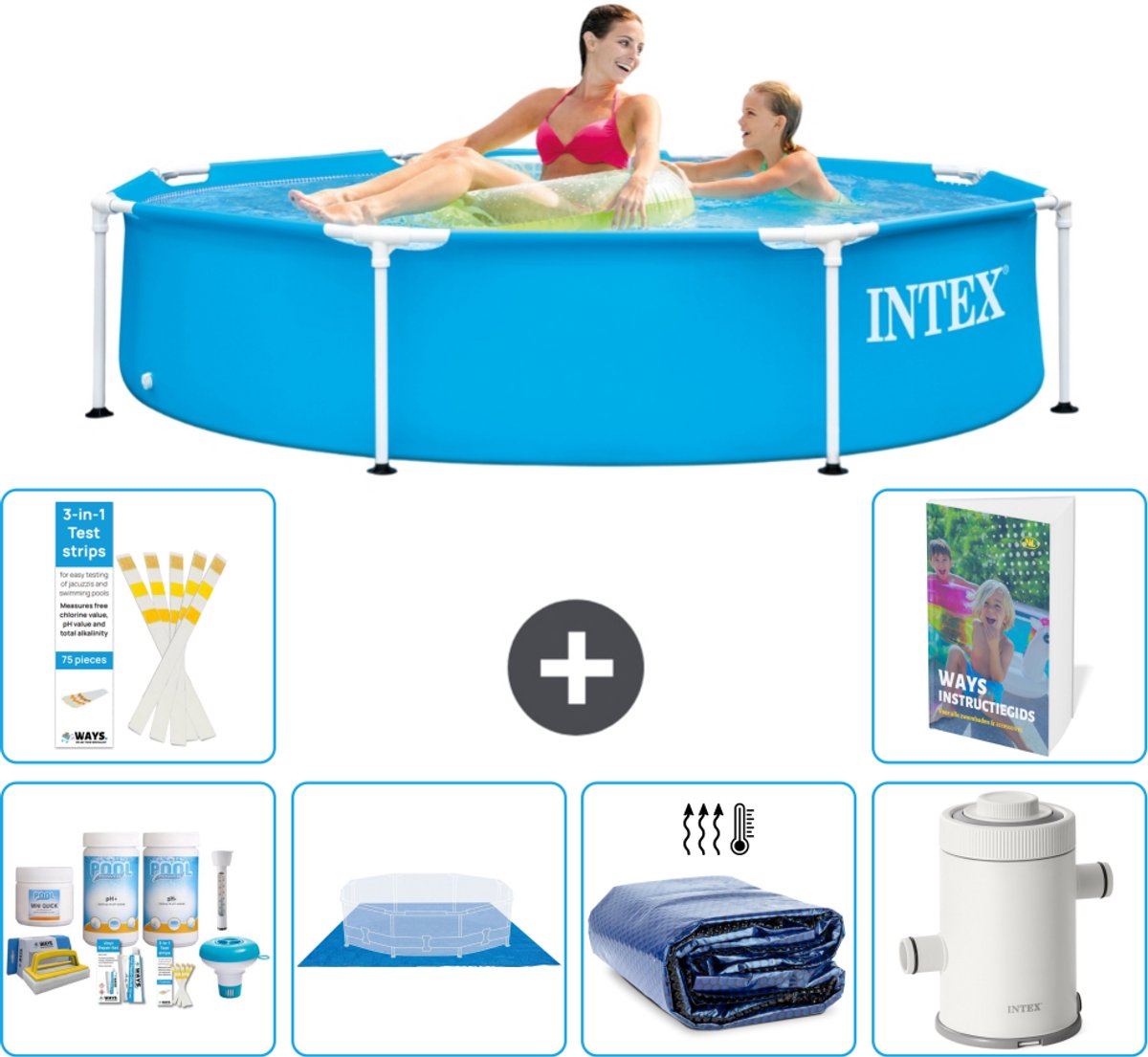 Intex Rond Frame Zwembad - 244 x 51 cm - Blauw - Inclusief Onderhoudspakket - Grondzeil - Solarzeil - Zwembadfilterpomp - 7-delig