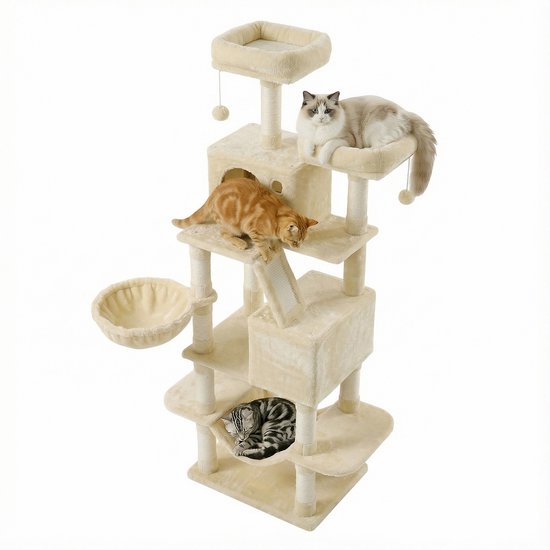 Feandrea - Krabpaal - Kattenboom - Voor Katten - 13 Krabpalen - 2 Platforms - Mand en Hangmat