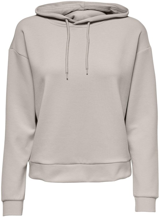 Grijze hoodie met capuchon en trekkoorden, lange mouwen en boord aan de onderkant.
