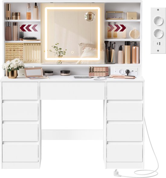 VASAGLE RDT137W01 - Coiffeuse avec miroir LED - multiprise intégrée - 9 tiroirs - éclairage 3 couleurs