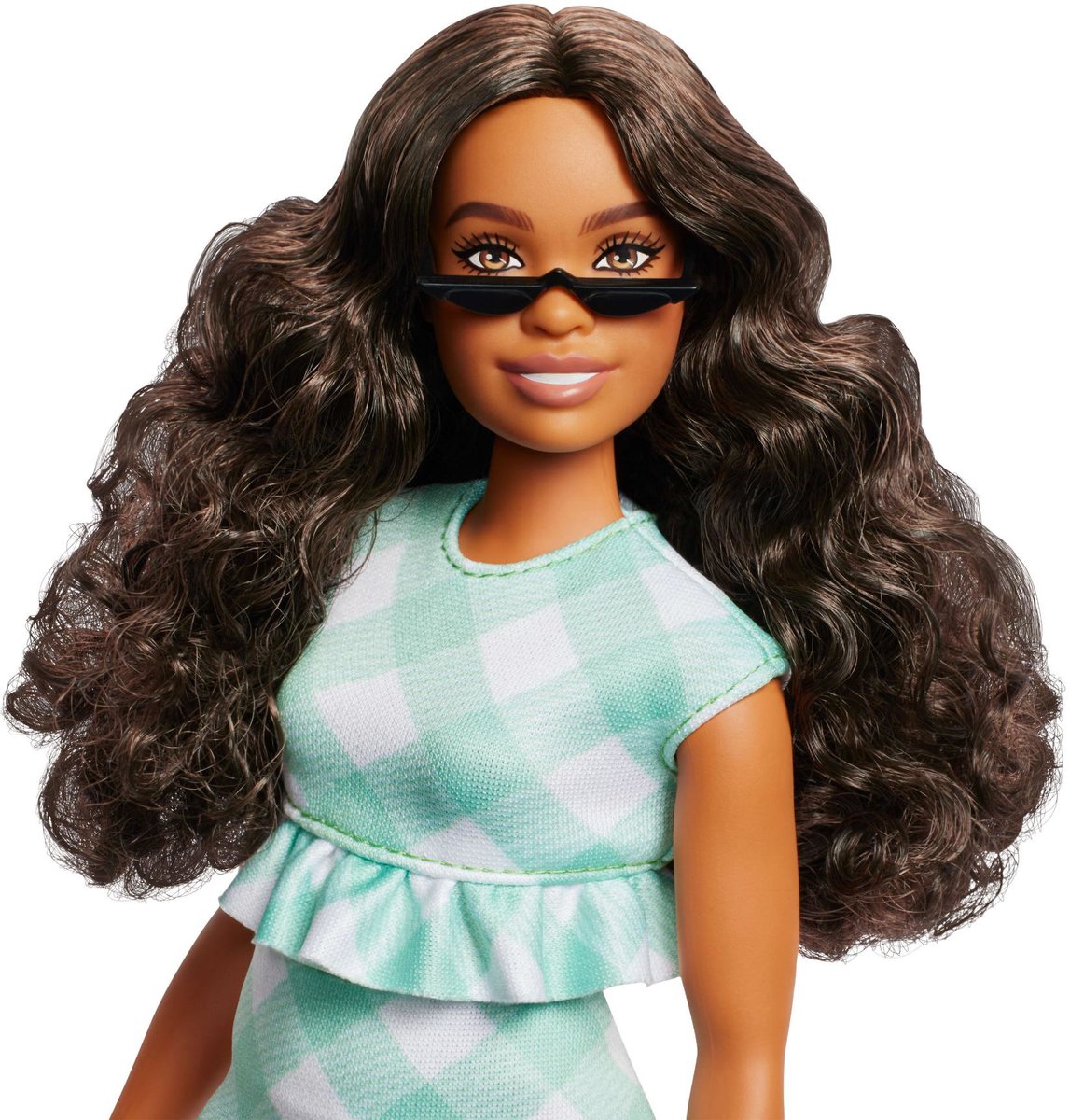 Barbie Pop - Pop met Donkerbruin haar en groen geruit jurkje - Modepop — afbeelding 5